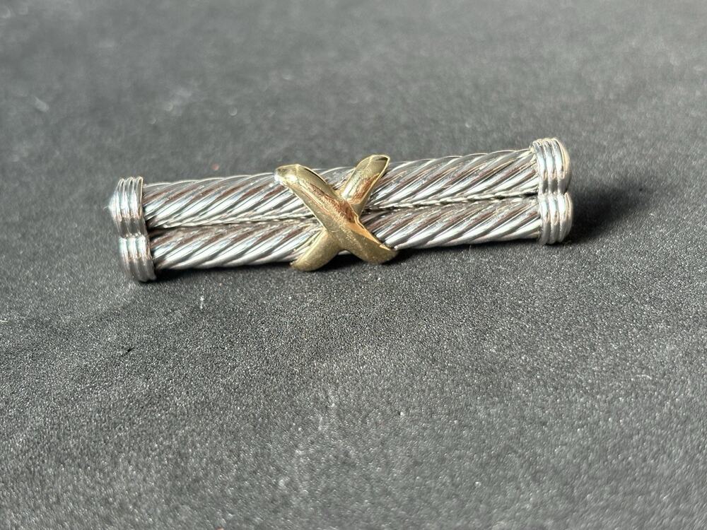 Vintage Garden 14K Yellow Gold & Sterling Silver 925 Woven Design X Bar Brooch